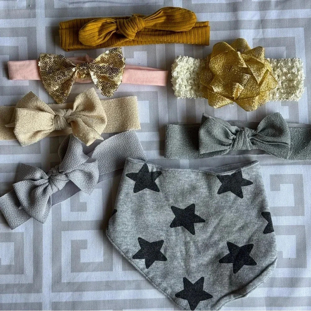 Baby Girl Silver and Gold Assorted Bows + Bonus Bib